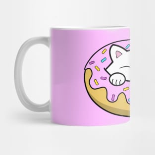 Cute white kitten eating a yummy looking pink doughnut with sprinkles on top of it Mug